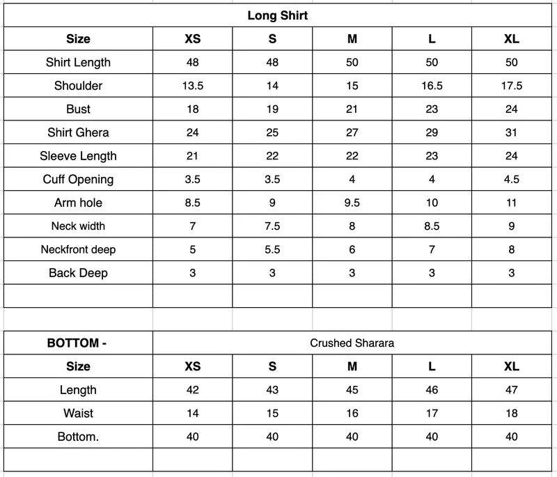 Size Chart (inches)