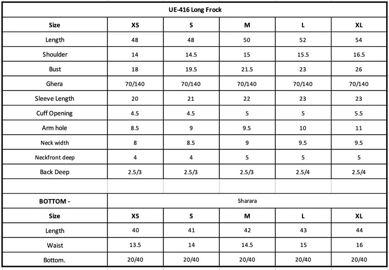 Size Chart (inches)