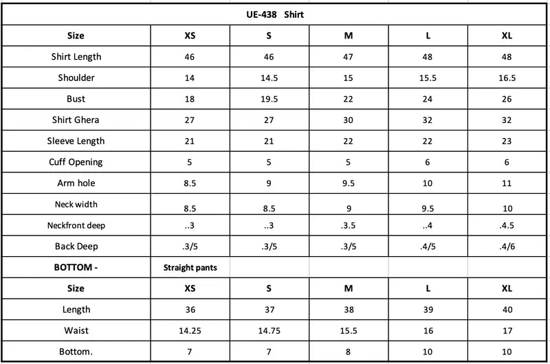 Size Chart (inches)