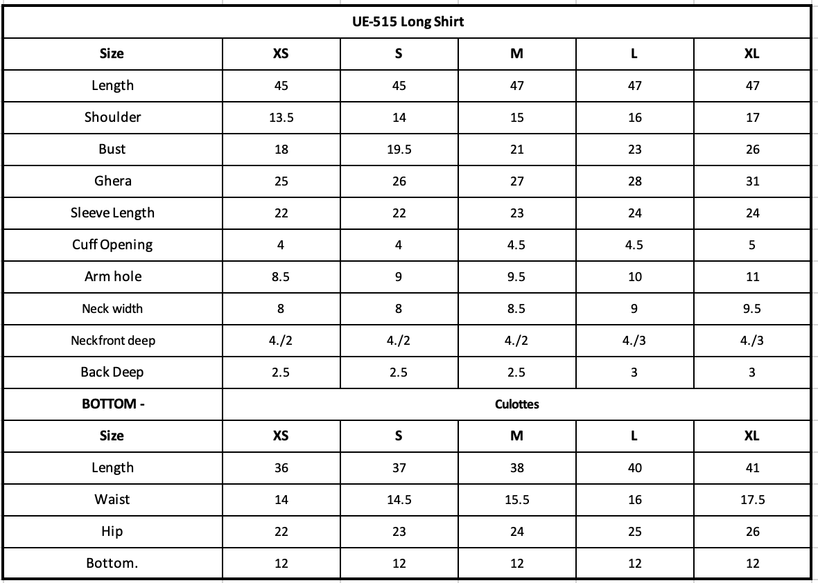 Size Chart (inches)