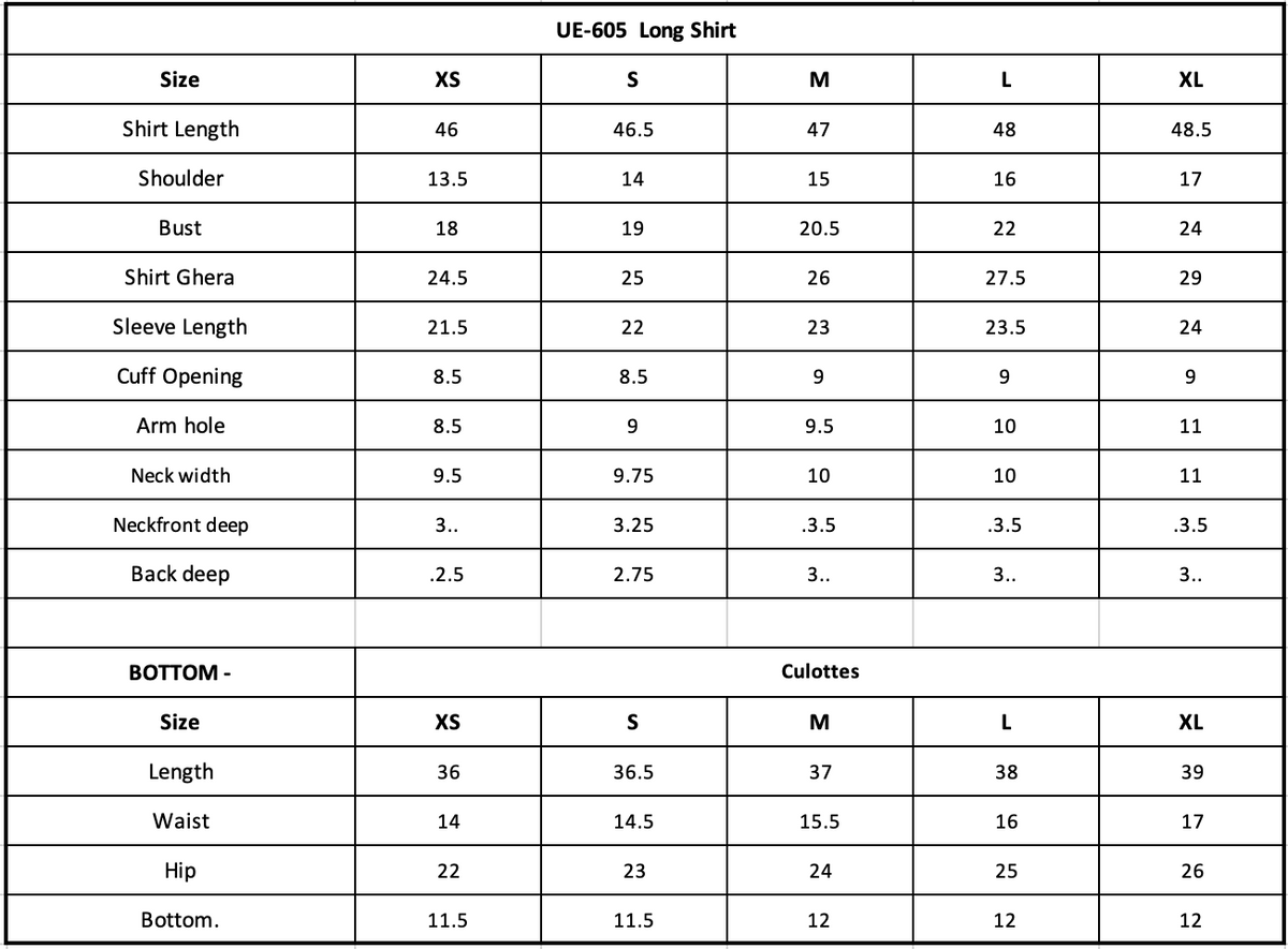 Size Chart (inches)