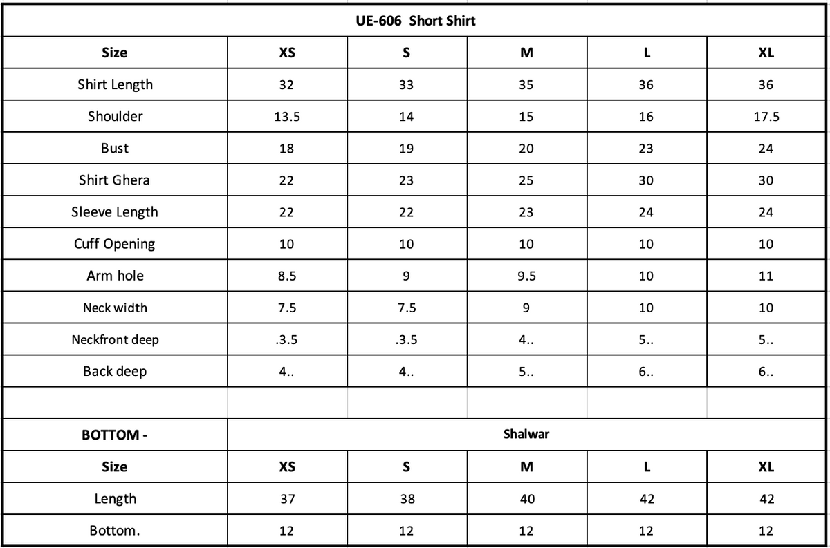 Size Chart (inches)