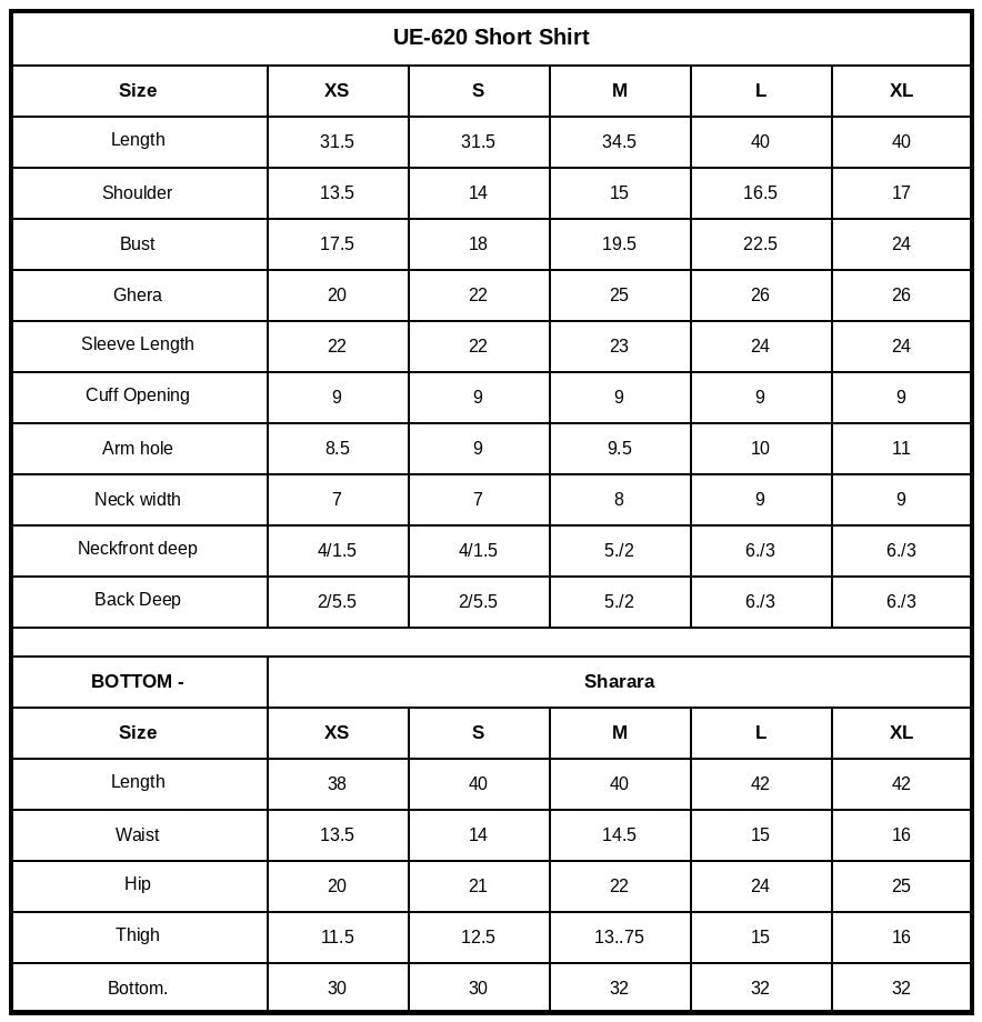 Size Chart (inches)