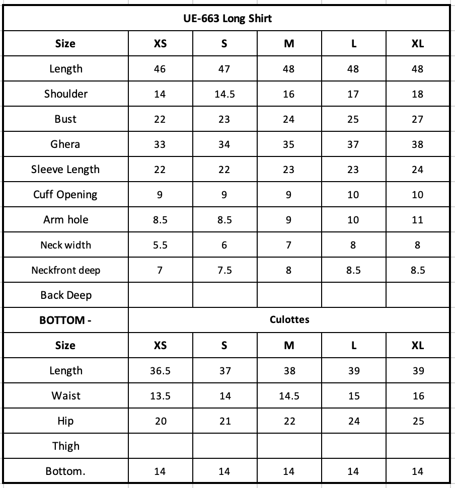 Size Chart (inches)