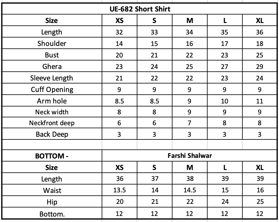 Size Chart (inches)