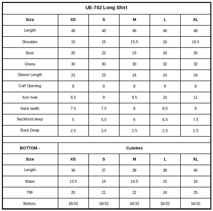 Size Chart (inches)