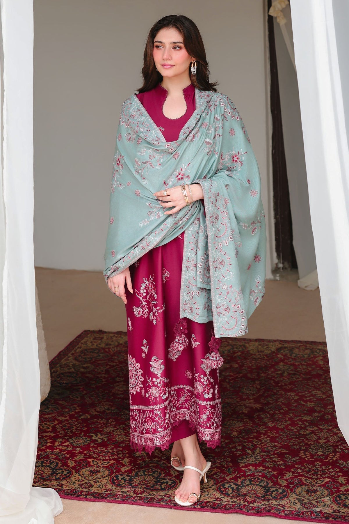 VERMILLION WOOD-3PC SATIN EMBROIDERED SUIT