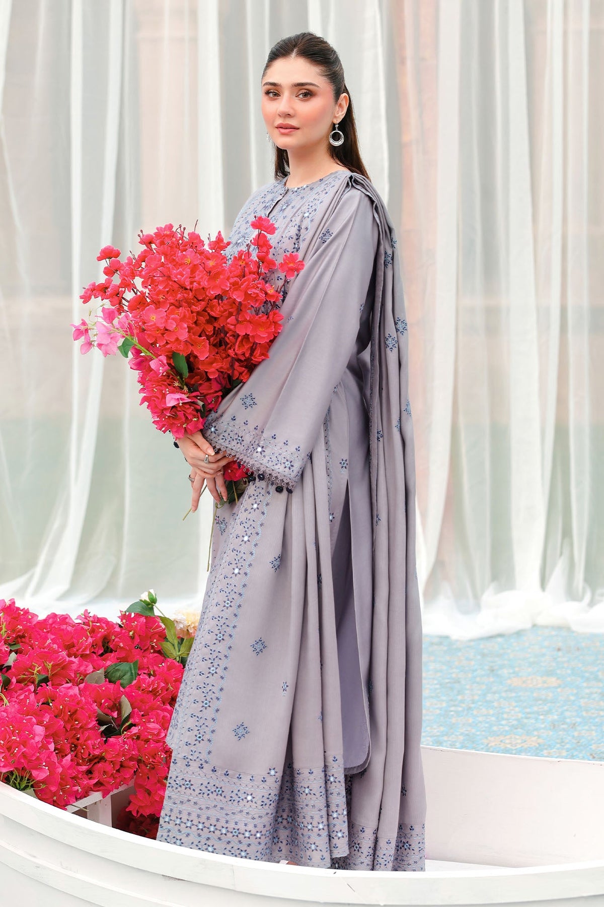 CHARCOAL ASH-3PC SATIN EMBROIDERED SUIT