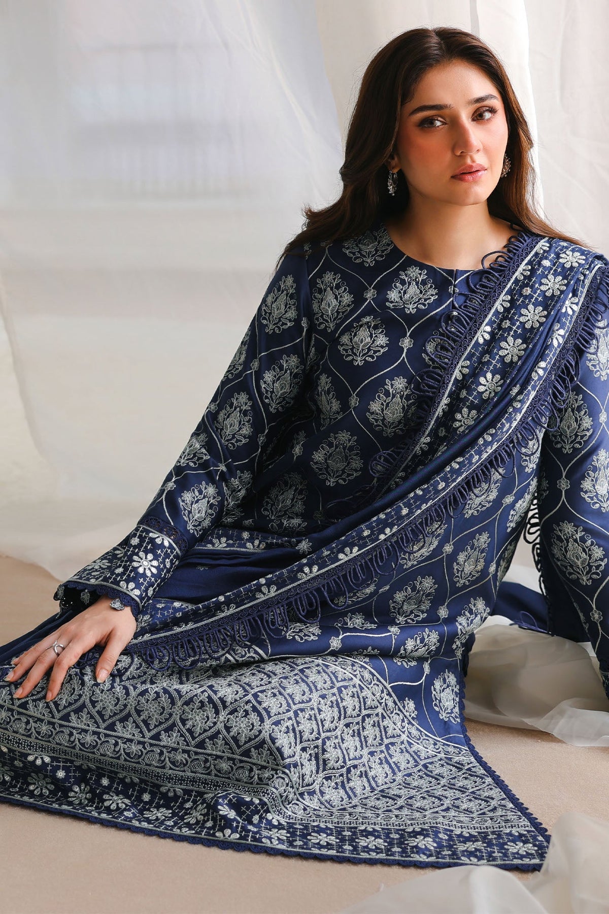 OBSIDIAN BLUE-3PC SATIN EMBROIDERED SUIT