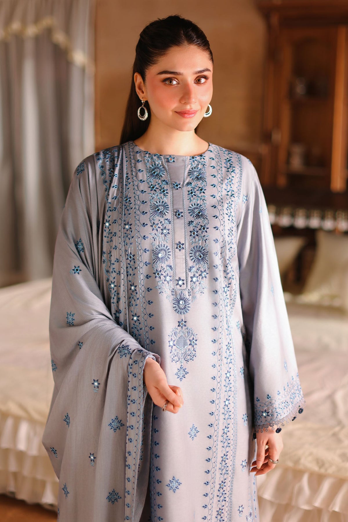 CHARCOAL ASH-3PC SATIN EMBROIDERED SUIT