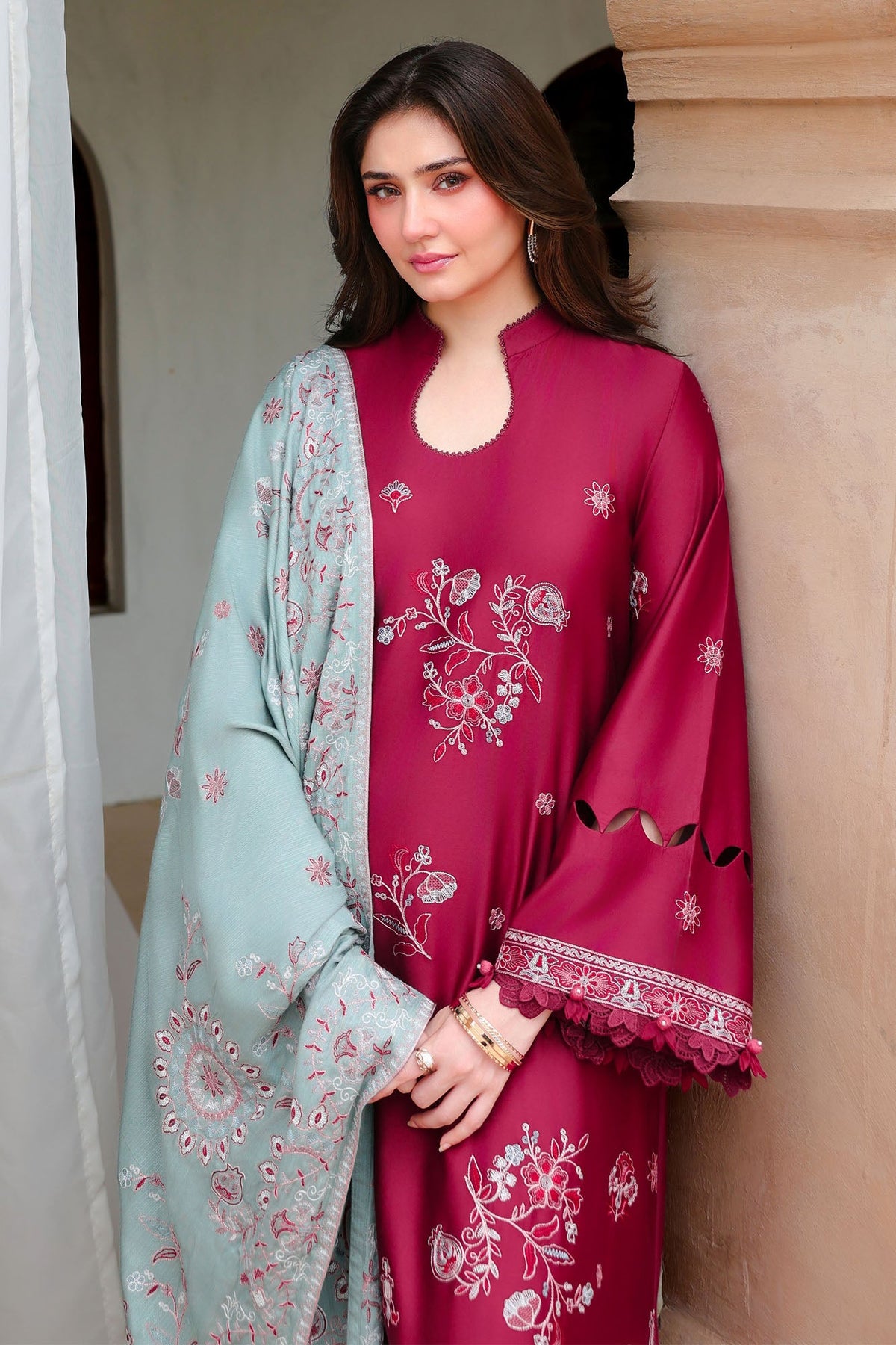 VERMILLION WOOD-3PC SATIN EMBROIDERED SUIT
