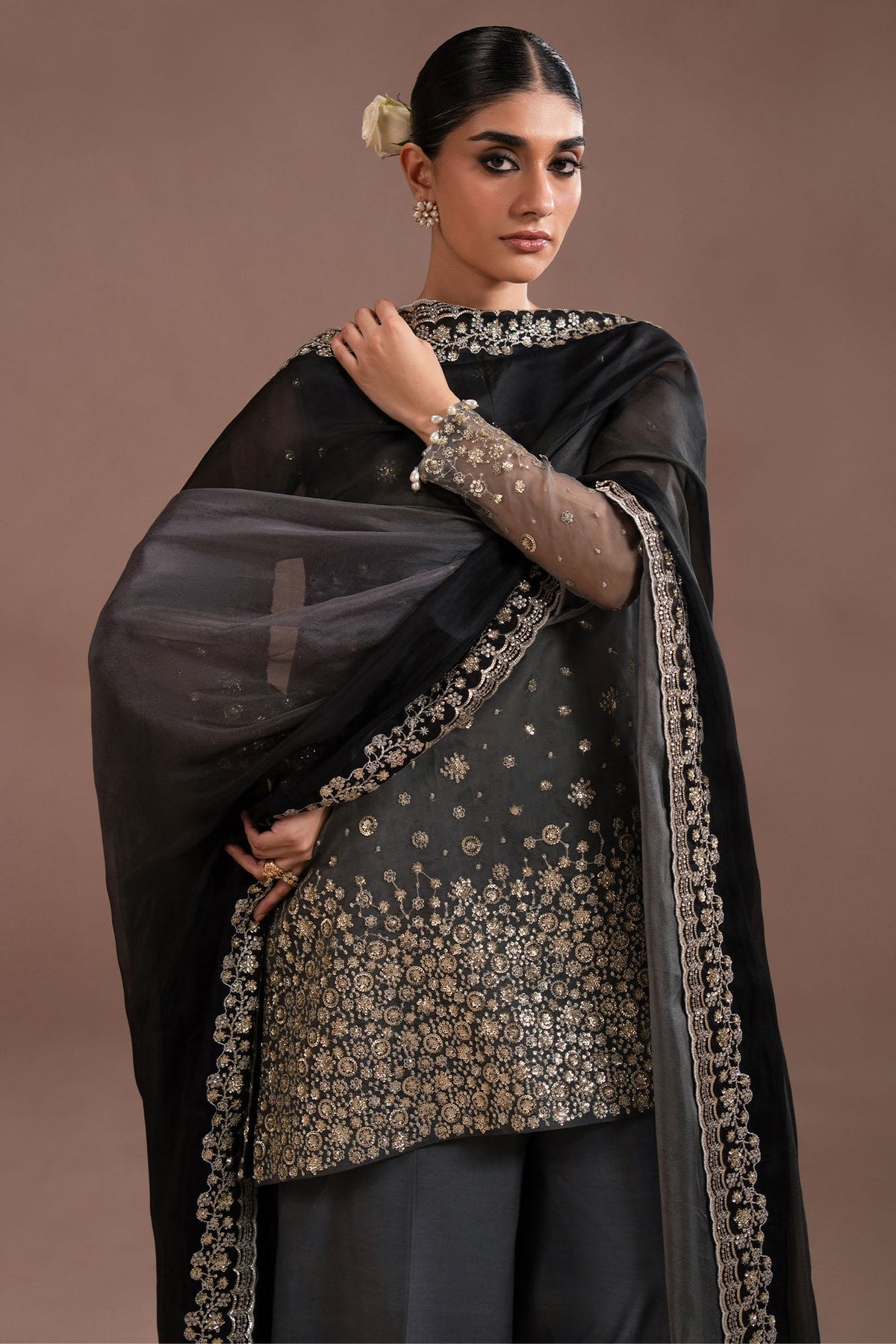 SMOKED LUXE-4PC ORGANZA EMBROIDERED SUIT