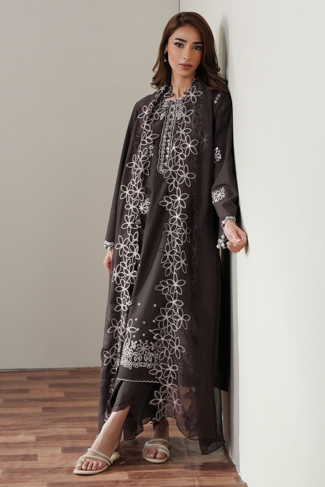 SEAL BROWN-3PC EMBROIDERED SUIT