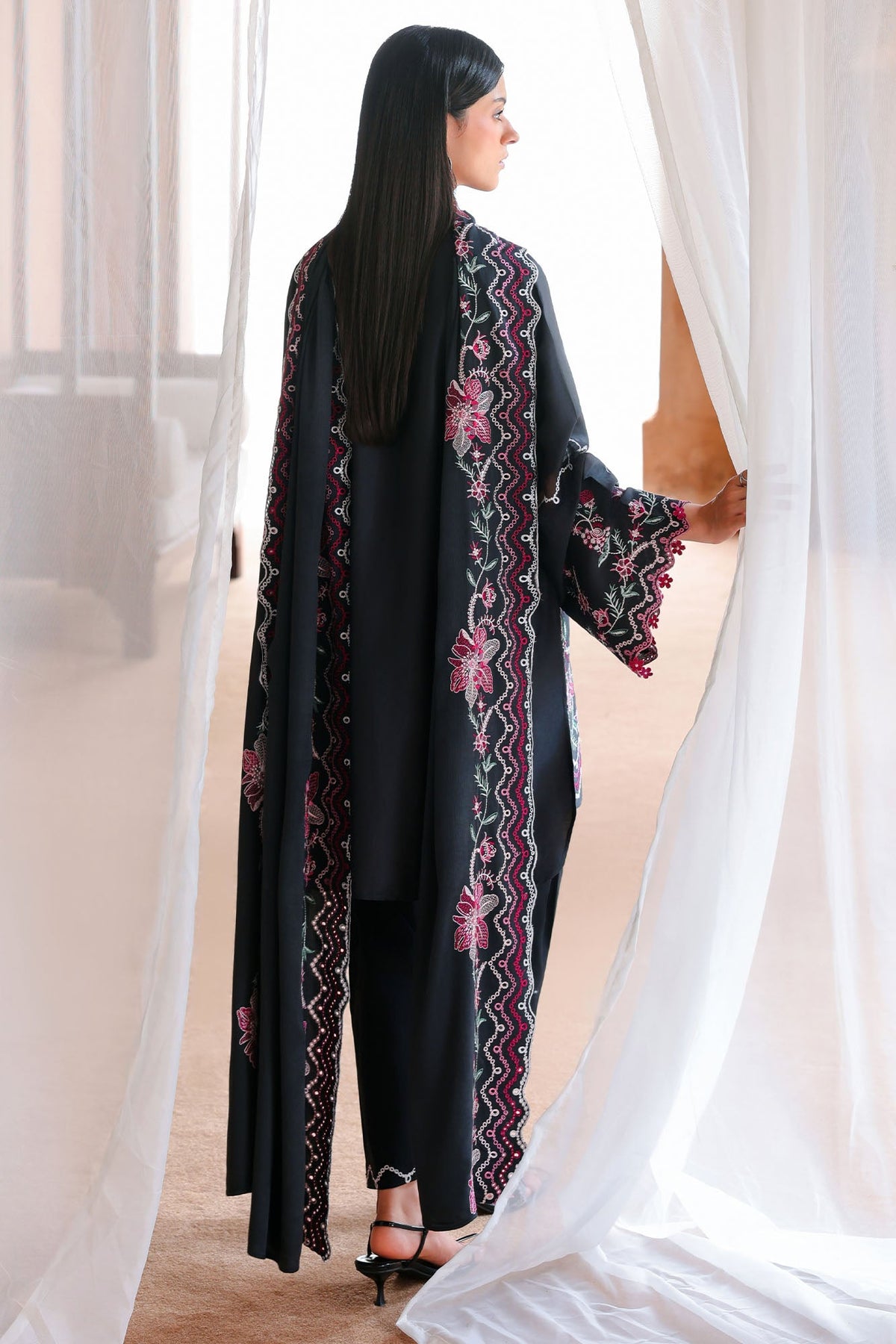 MIDNIGHT FLORA-3PC SATIN EMBROIDERED SUIT
