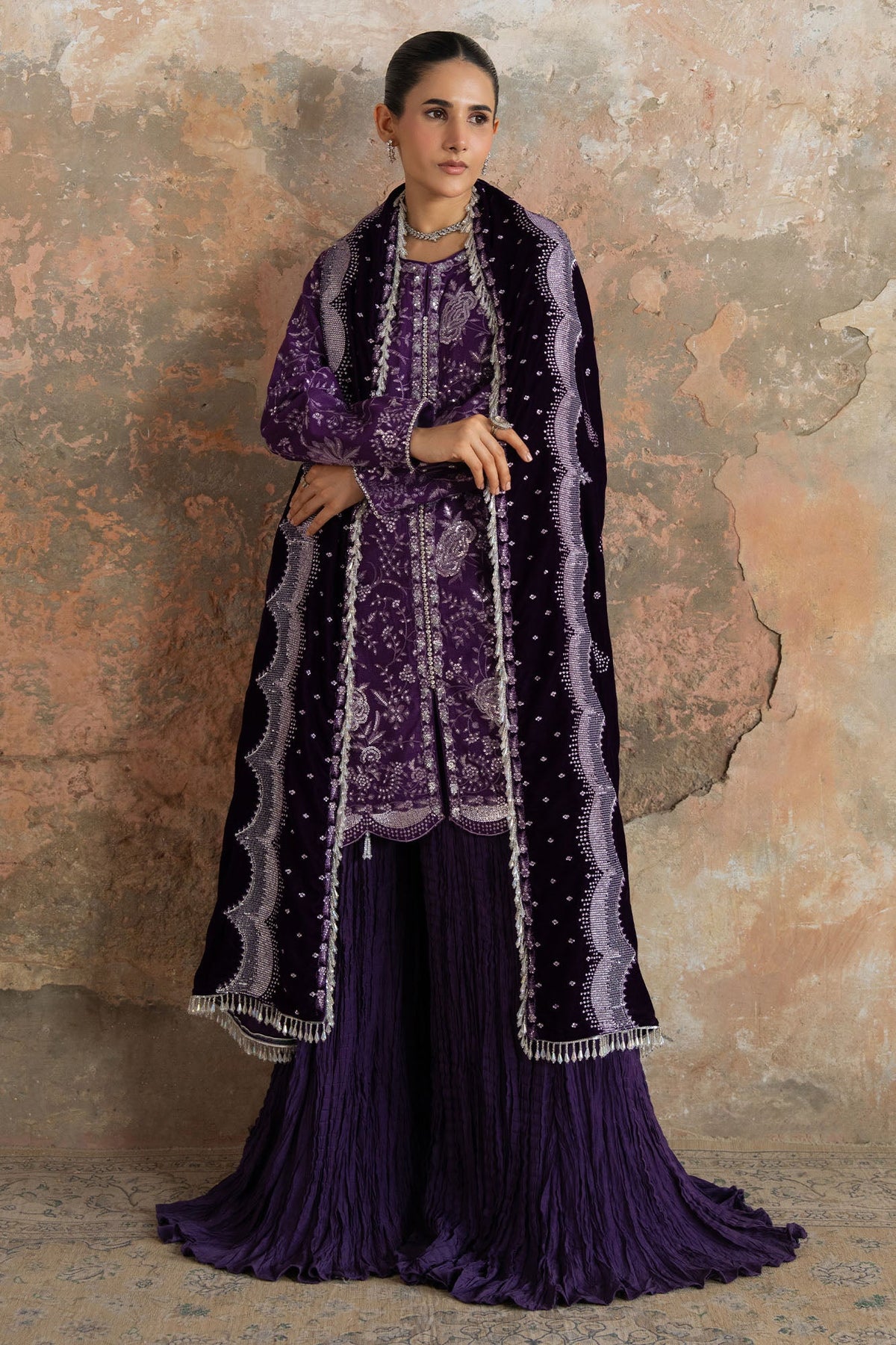 PURPLE GLAM-3PC FANCY YARN EMBROIDERED SUIT