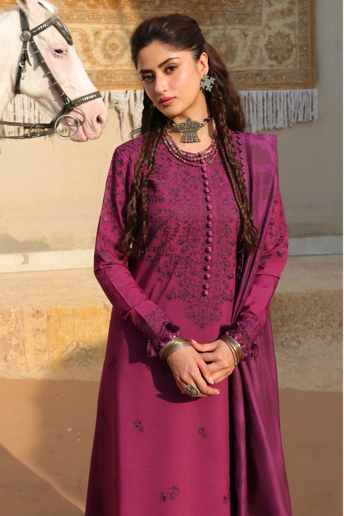 VELVET FUCHSIA-3PC LINEN EMBROIDERED SUIT