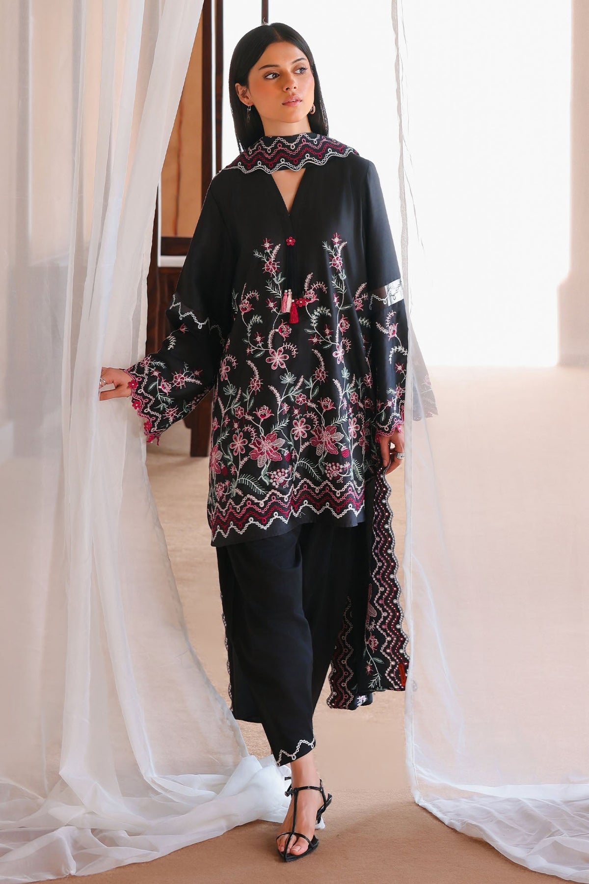 MIDNIGHT FLORA-3PC SATIN EMBROIDERED SUIT