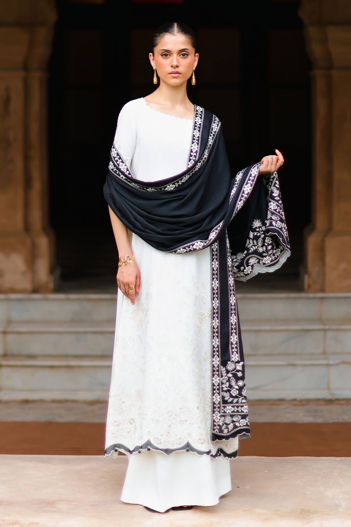 CLOUD CREAM-3PC SATIN EMBROIDERED SUIT