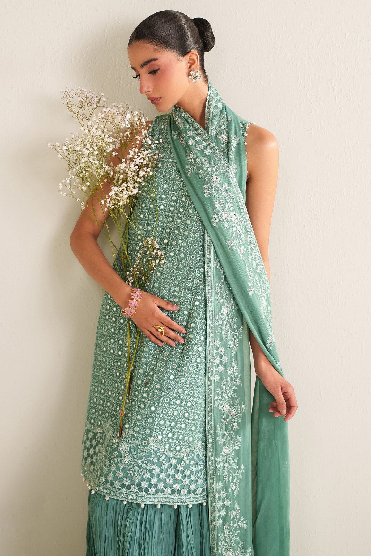 OCEAN ELEGANCE-4PC CHIFFON EMBROIDERED SUIT