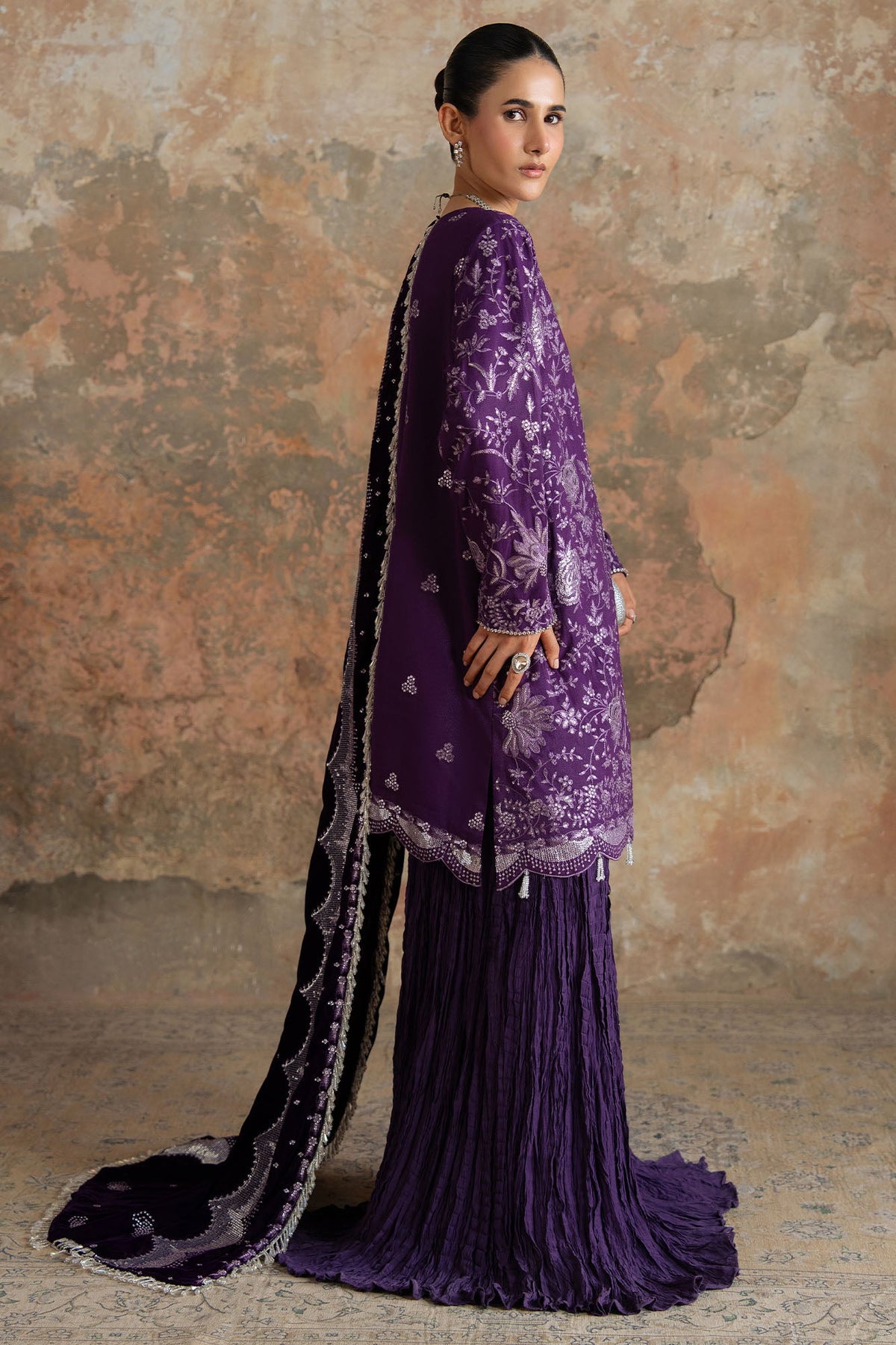 PURPLE GLAM-3PC FANCY YARN EMBROIDERED SUIT