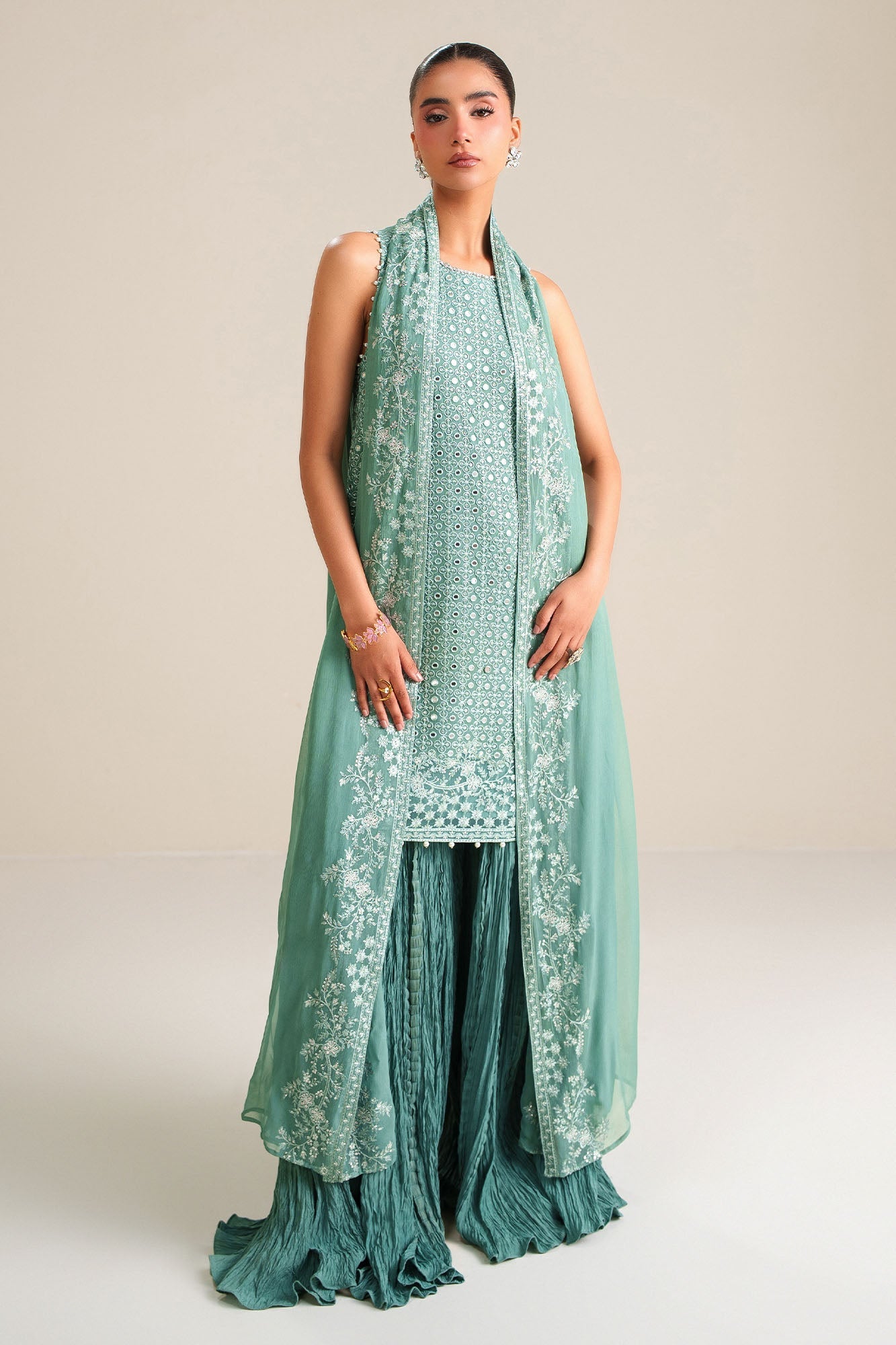OCEAN ELEGANCE-4PC CHIFFON EMBROIDERED SUIT