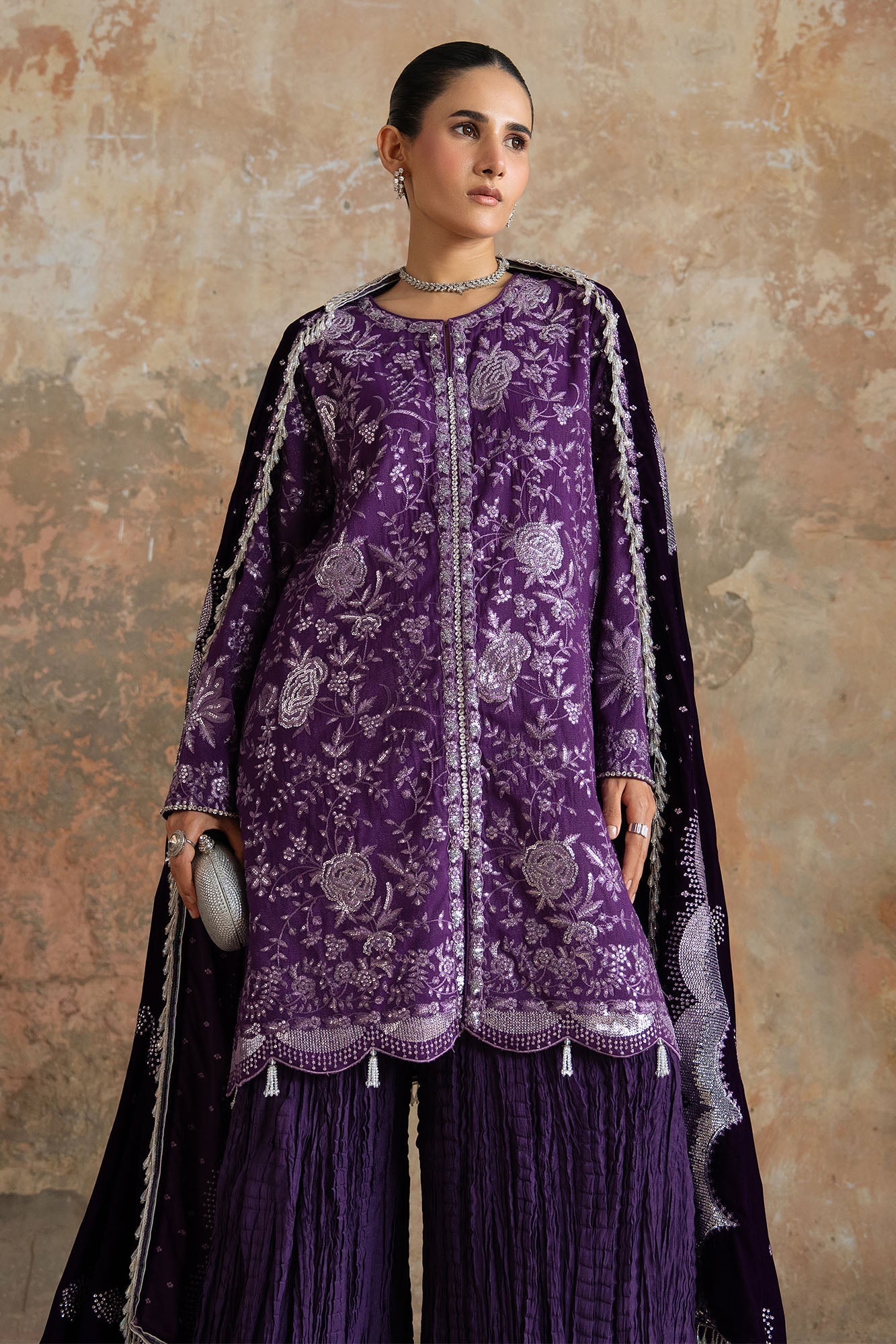 PURPLE GLAM-3PC FANCY YARN EMBROIDERED SUIT