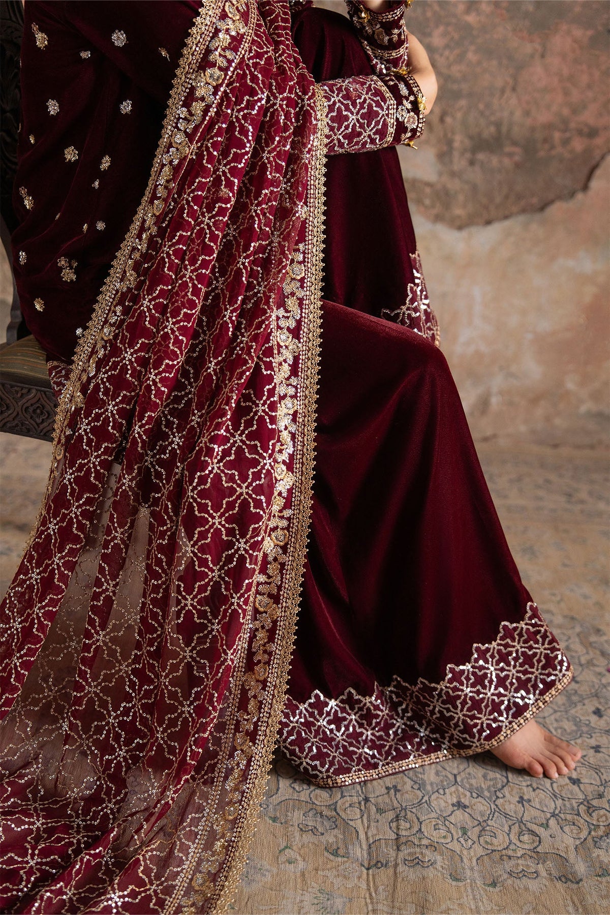 CRIMSON FLARE-3PC VELVET EMBROIDERED SUIT