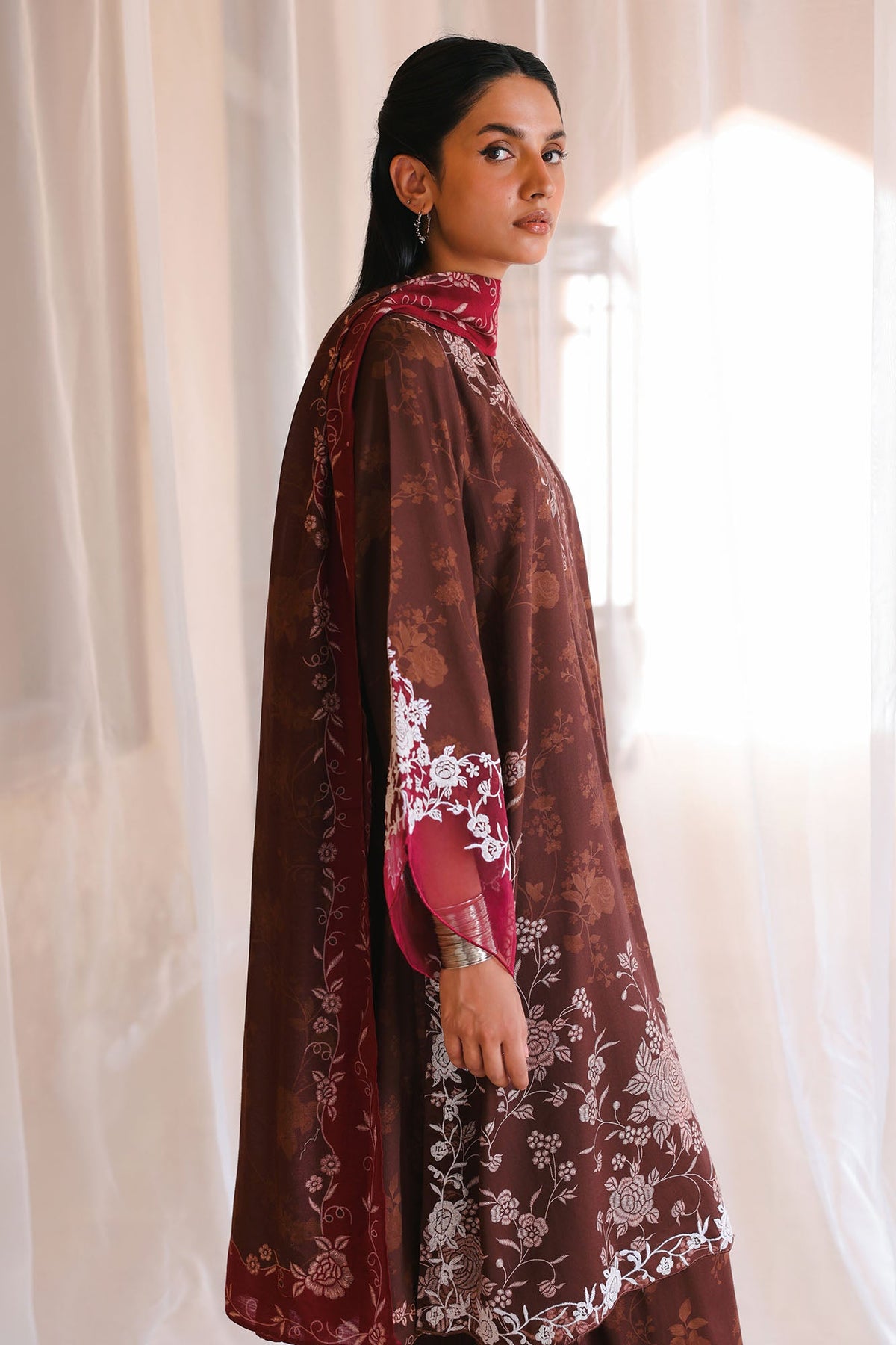 SEPIA BLOOM-3PC SATIN PRINTED SUIT