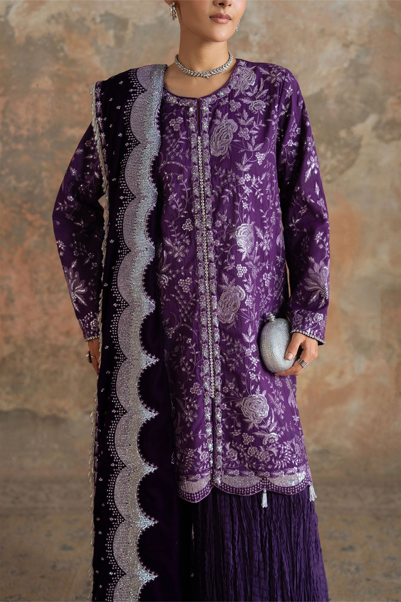 PURPLE GLAM-3PC FANCY YARN EMBROIDERED SUIT