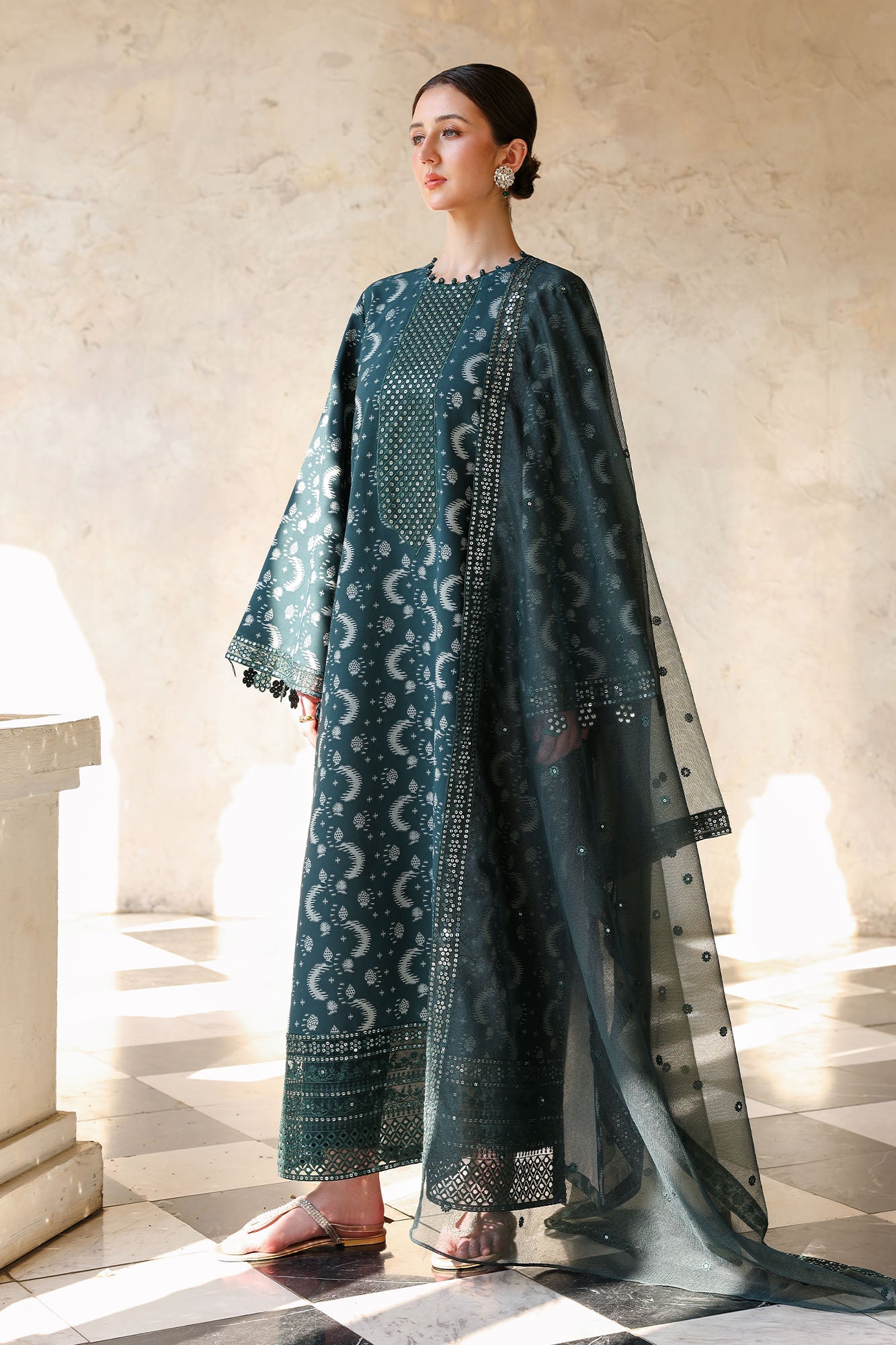 TEAL SPRUCE-3PC EMBROIDERED JACQUARD SUIT