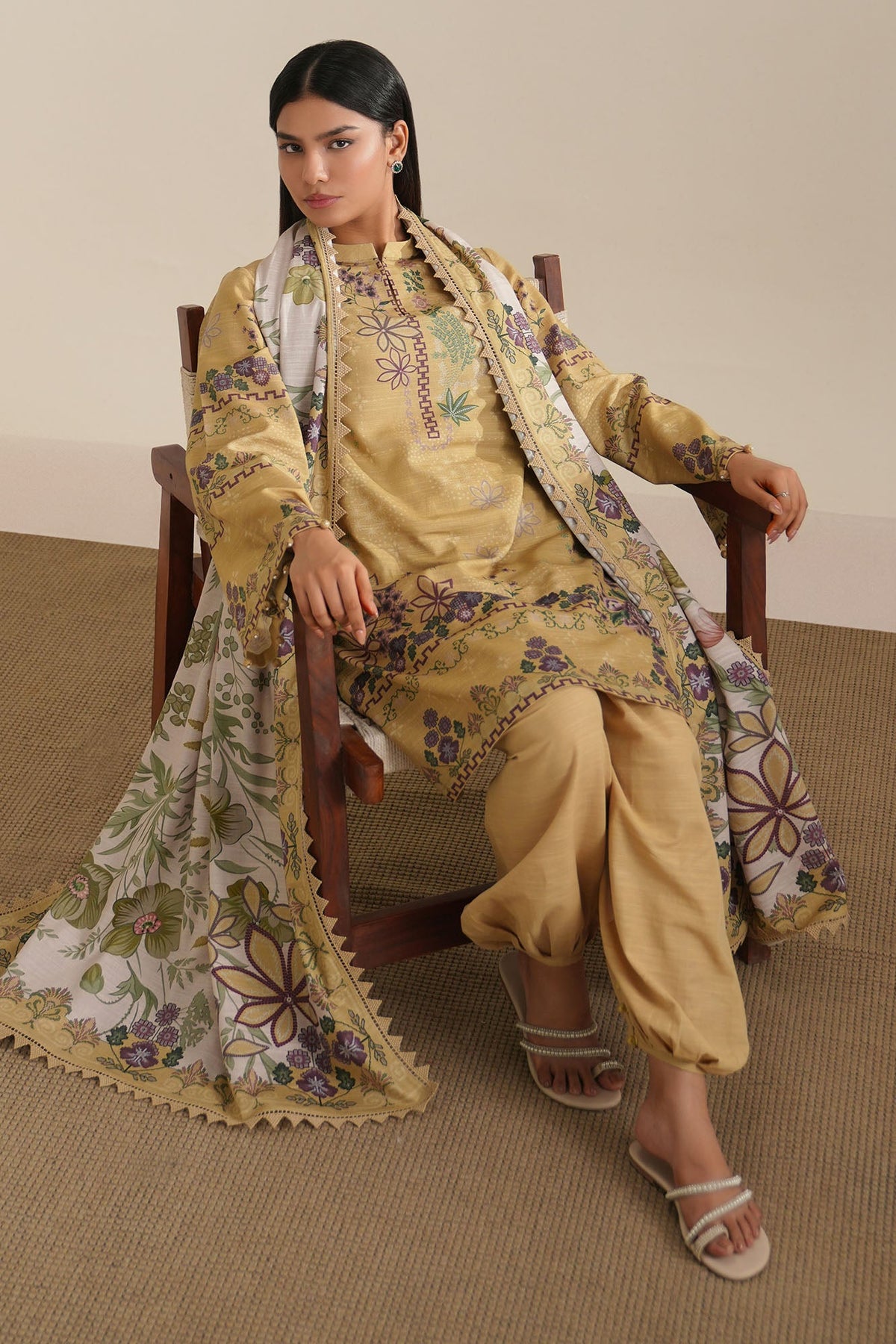 VINTAGE BLOOM-3PC KHADDAR PRINTED SUIT