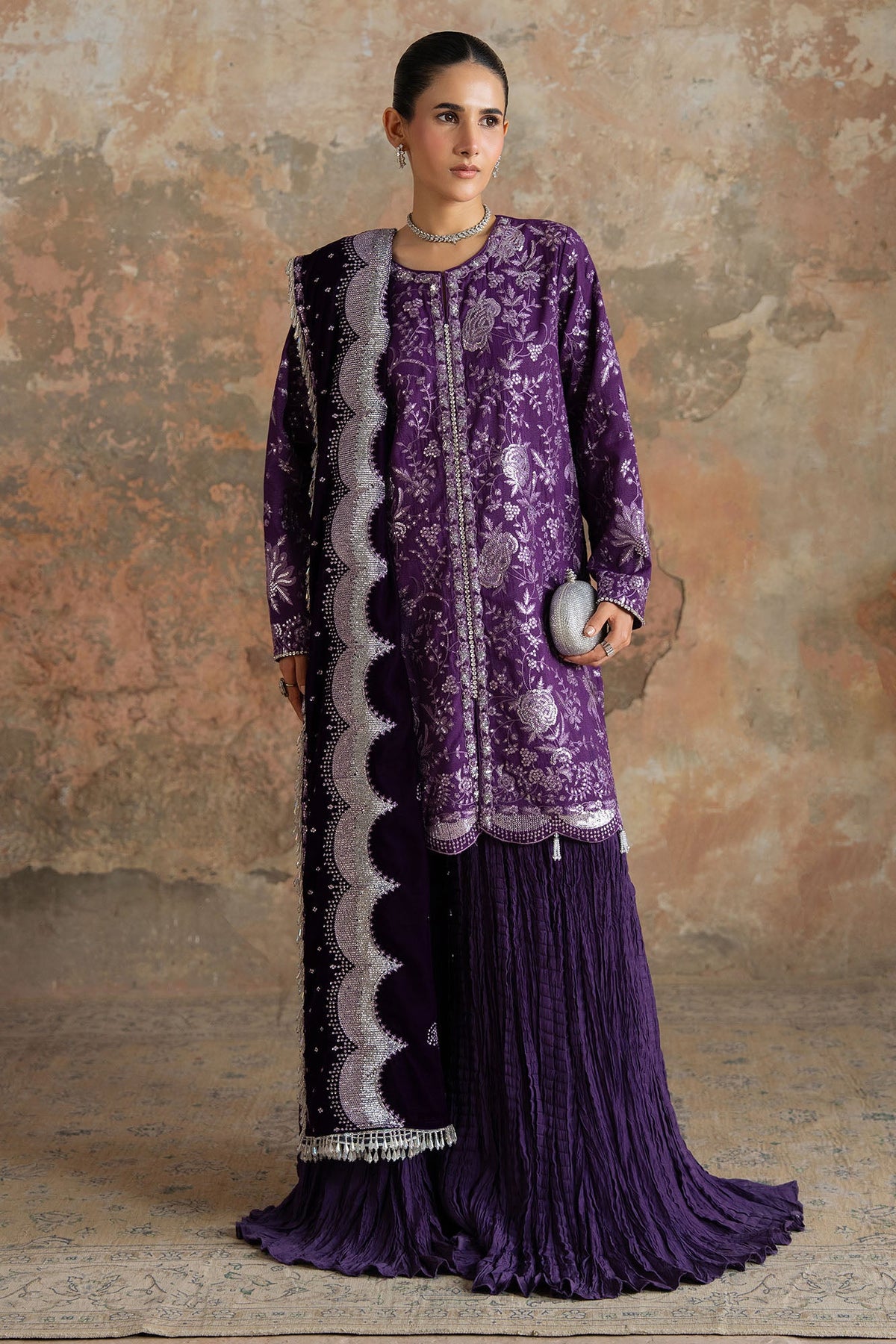 PURPLE GLAM-3PC FANCY YARN EMBROIDERED SUIT