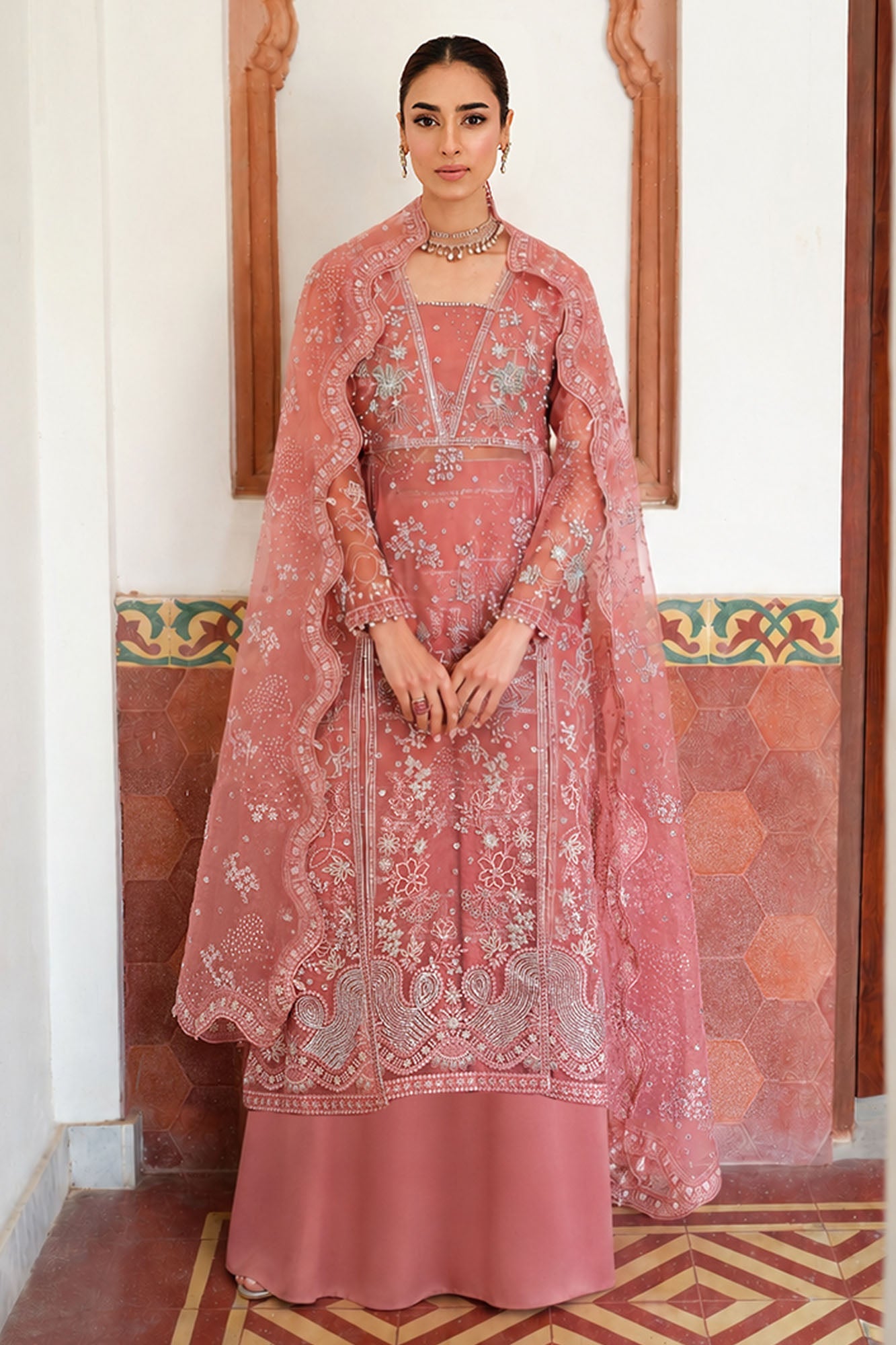 VINTAGE CORAL-3PC ORGANZA EMBROIDERED PRET