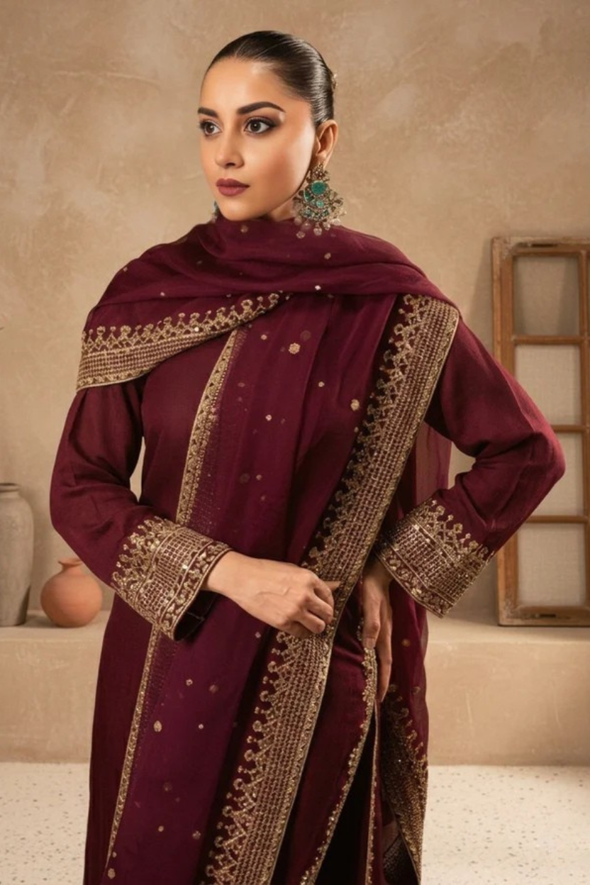 Maroon Pearl Lawn Suit | Tila Sequin Embroidered 3 Piece with Chiffon Dupatta