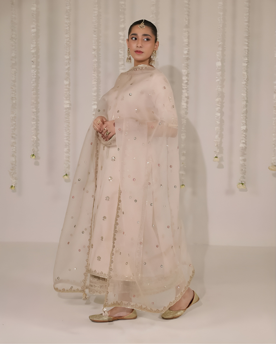 Skin Mist Powder Pink Suit | Floral Sequin & Organza Dupatta Dress