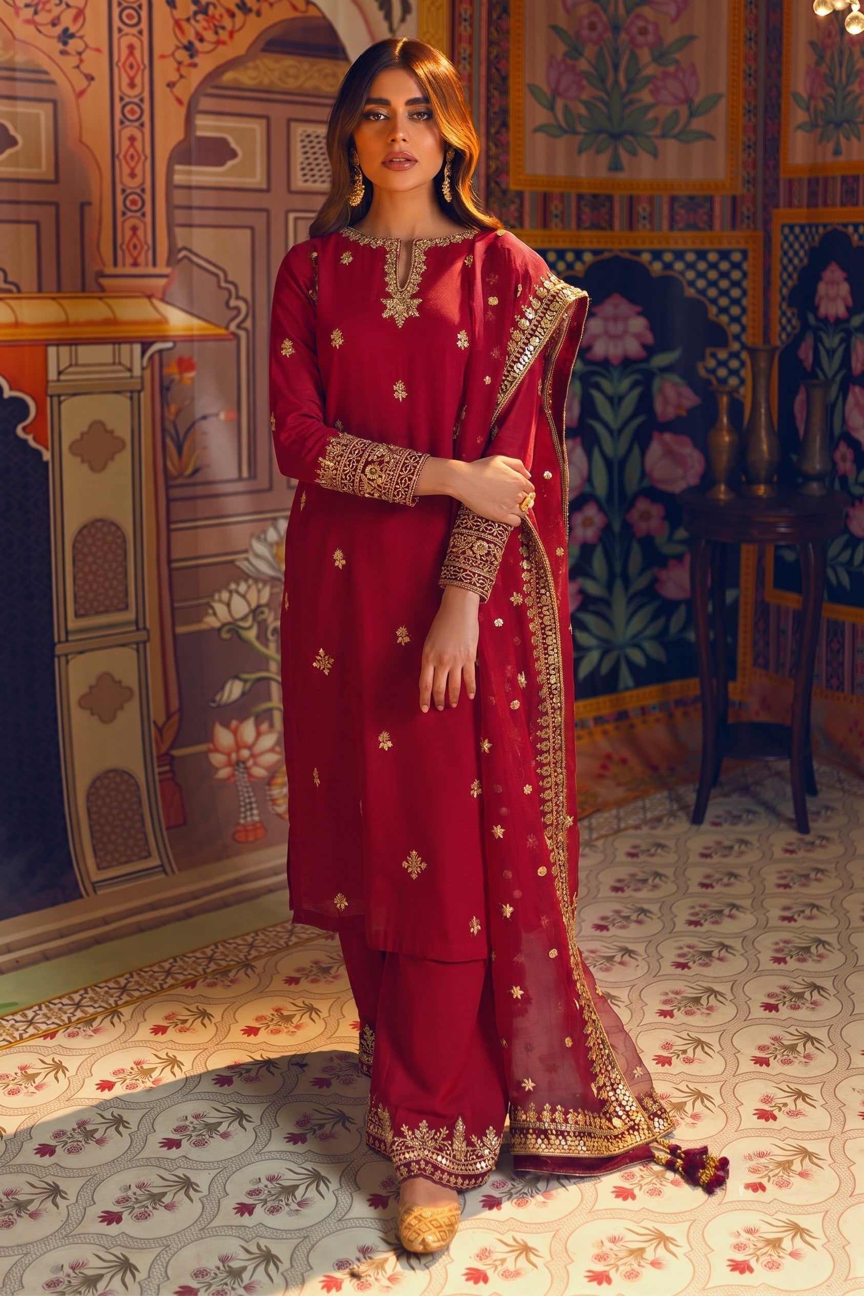 Mahroon Zareen 3 Piece Dress | Mehroon Embroidered Lawn Suit