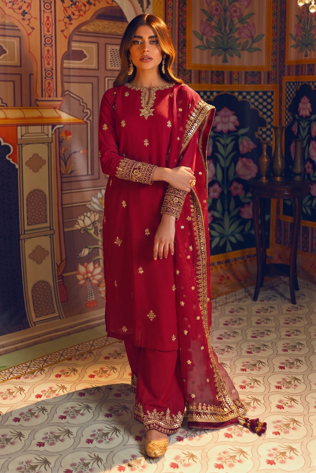 Maroon Zareen 3 Piece Dress | Mehroon Embroidered Lawn Suit