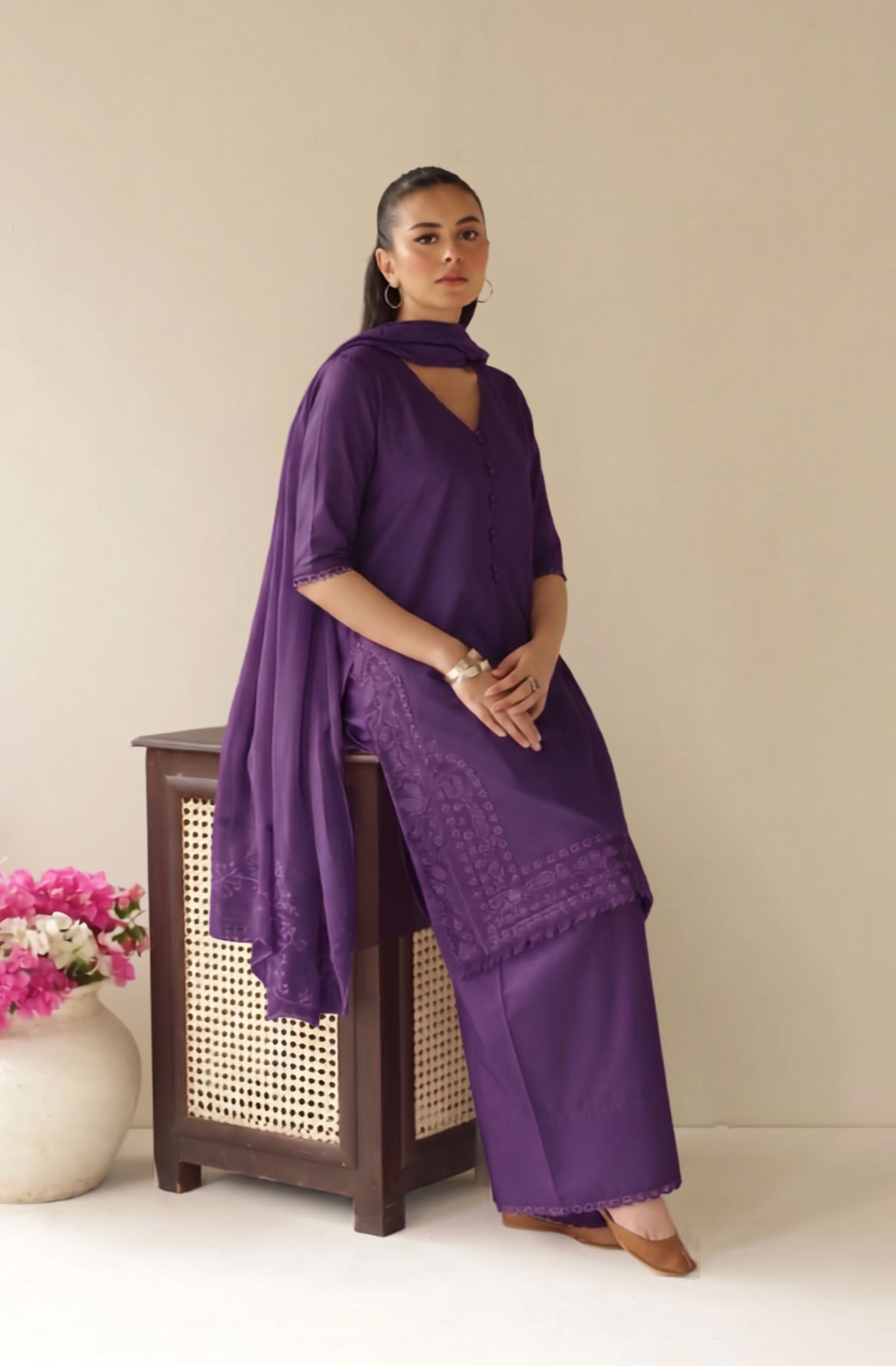 Plum Petal Lawn Suit – Bright Plum 3 Piece Stitched Dress