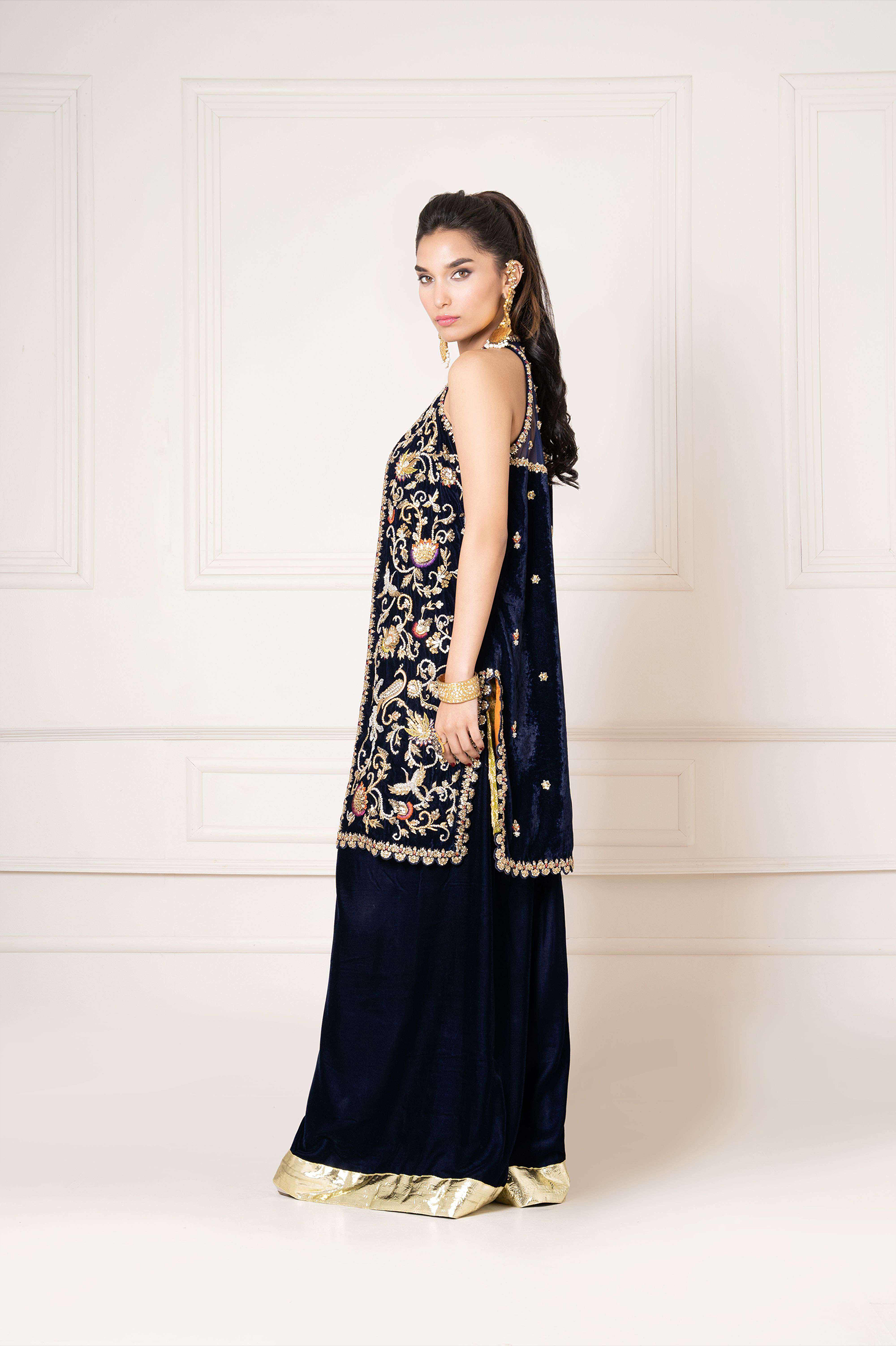 Velvet Sleeveless Embellished Coat with Flared Trouser