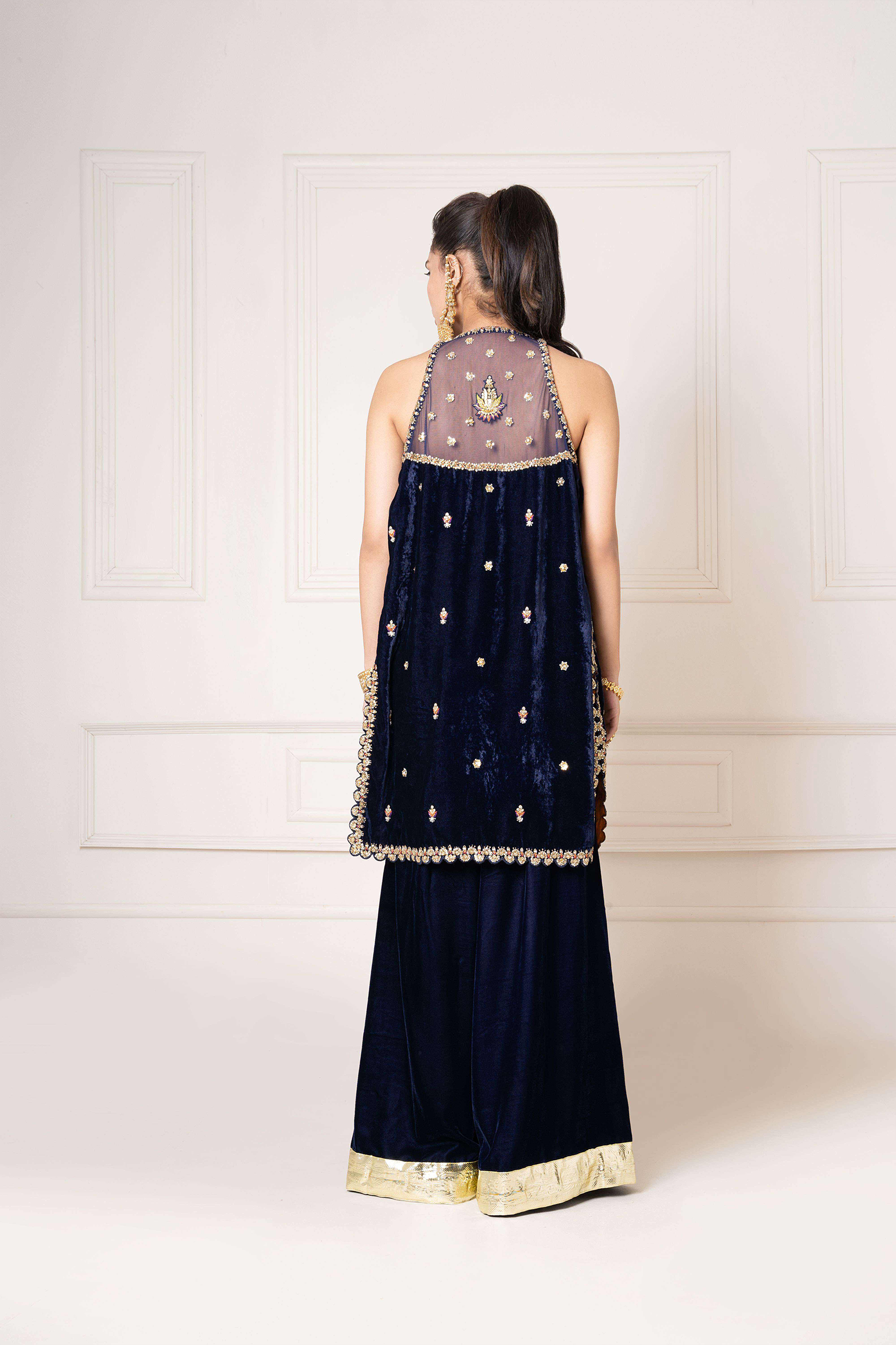 Velvet Sleeveless Embellished Coat with Flared Trouser