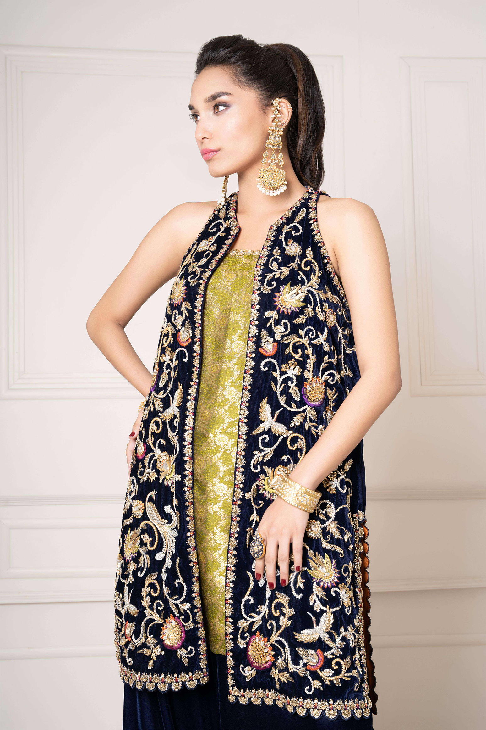 Velvet Sleeveless Embellished Coat with Flared Trouser