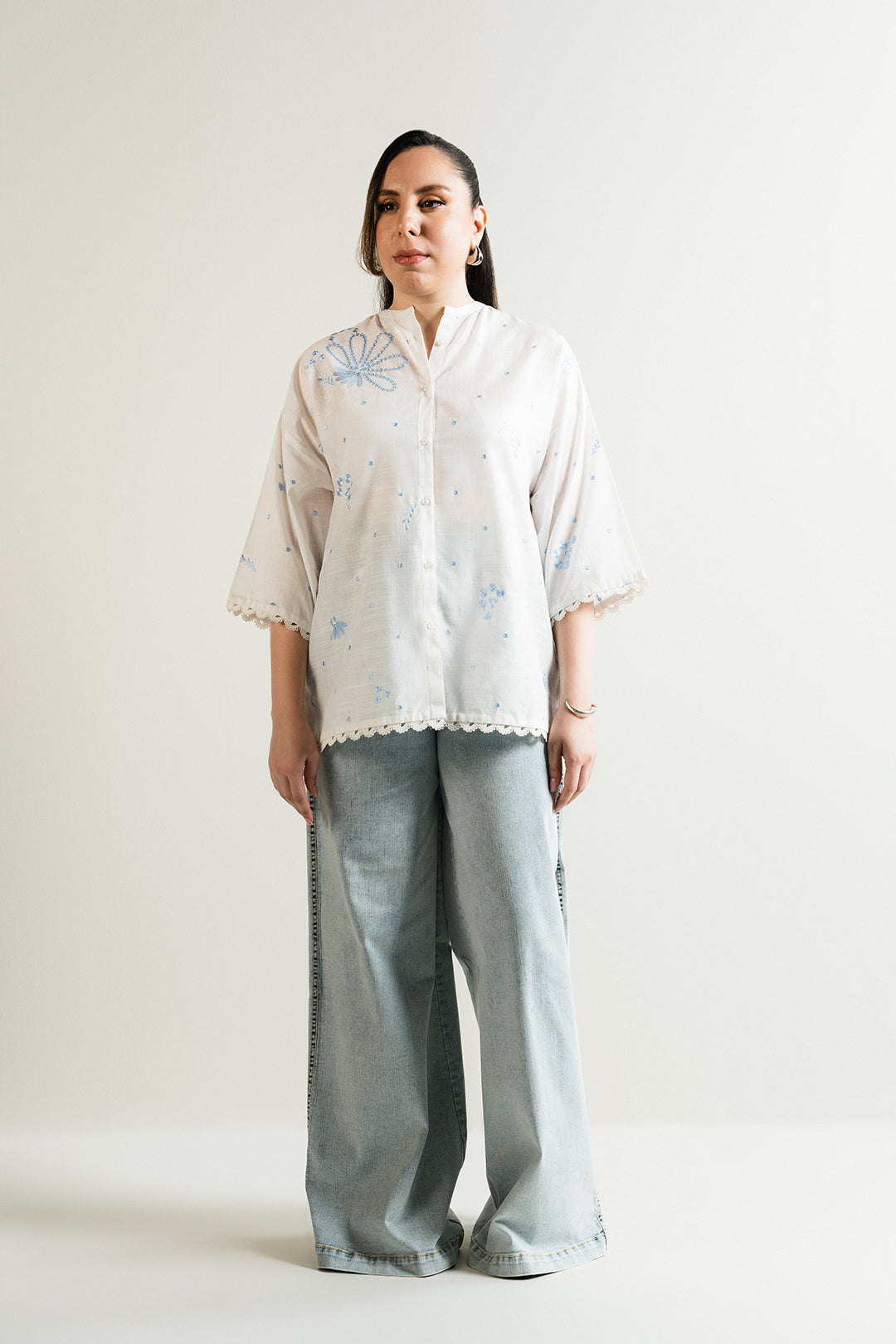 White Embroidered Button Down Top