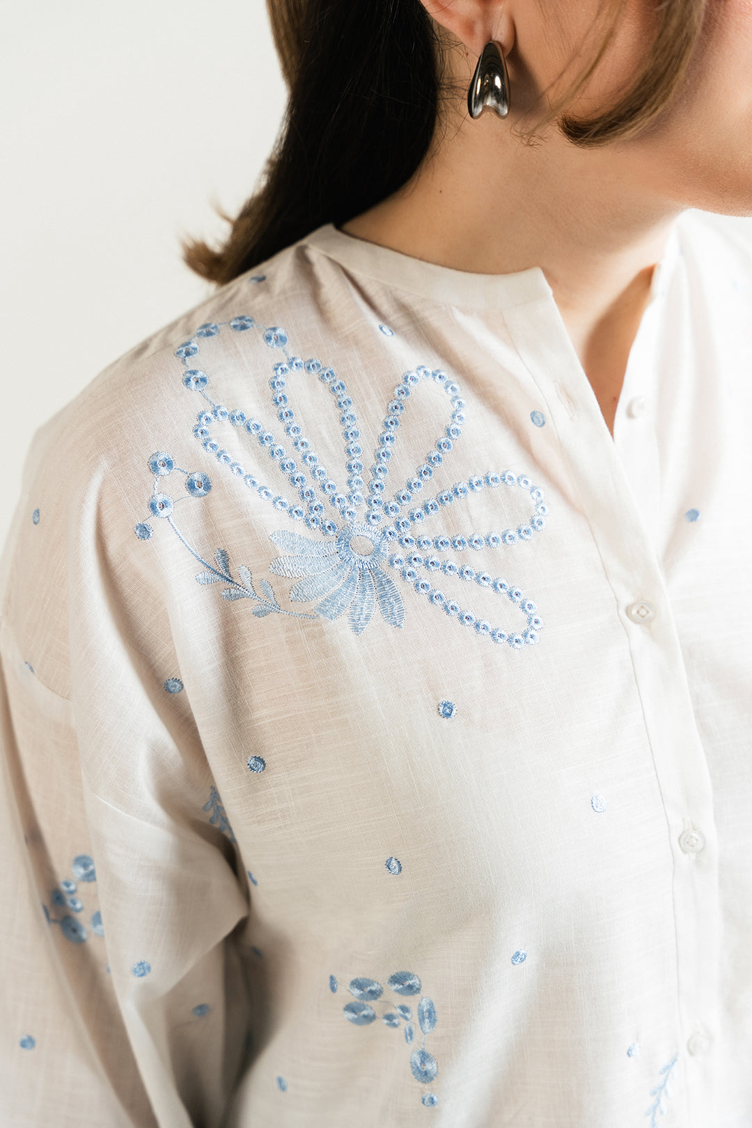 White Embroidered Button Down Top