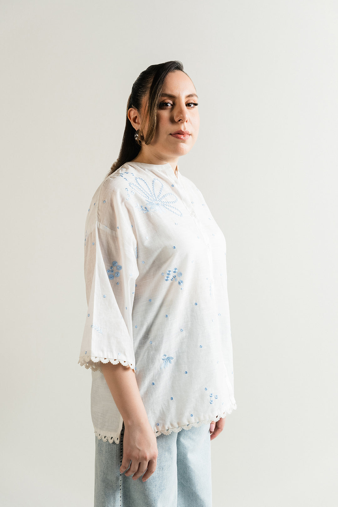 White Embroidered Button Down Top