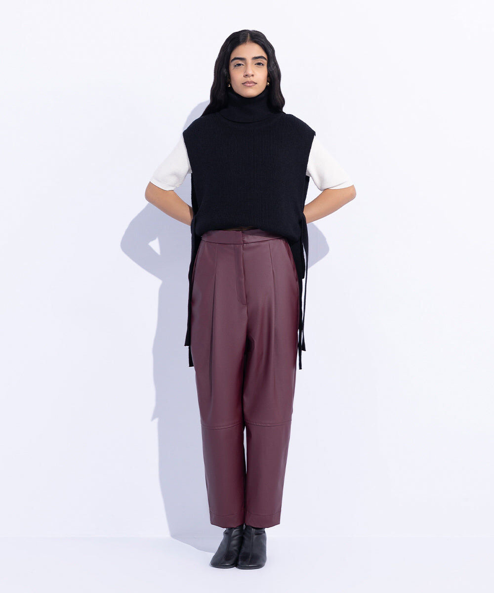 Woman - Red High Waisted Faux Leather Trousers