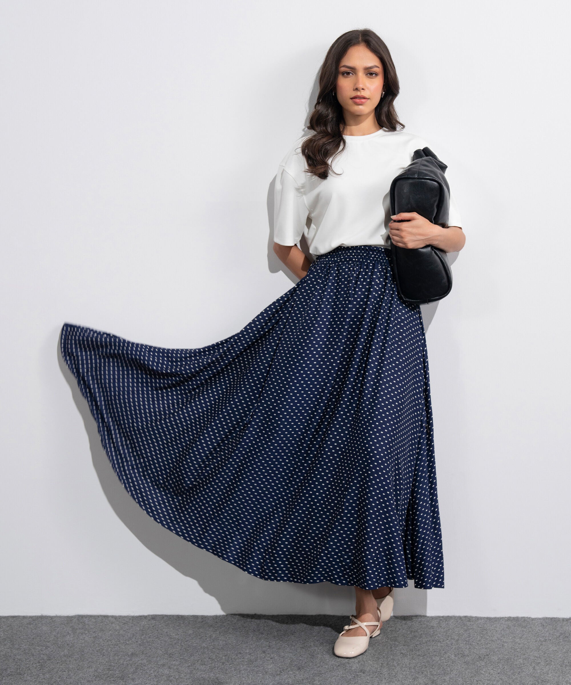 Women's Western Blue And White Polka Dots Smocked Skirt