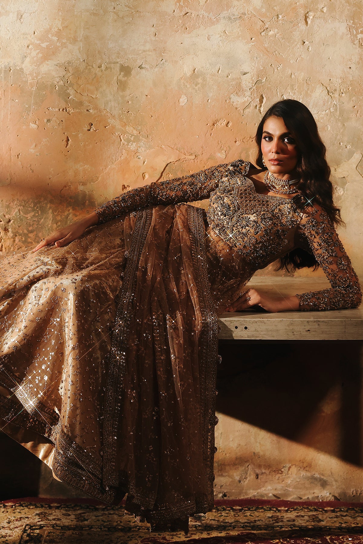 3-PC Embroidered Net STM-5-015 - Peach