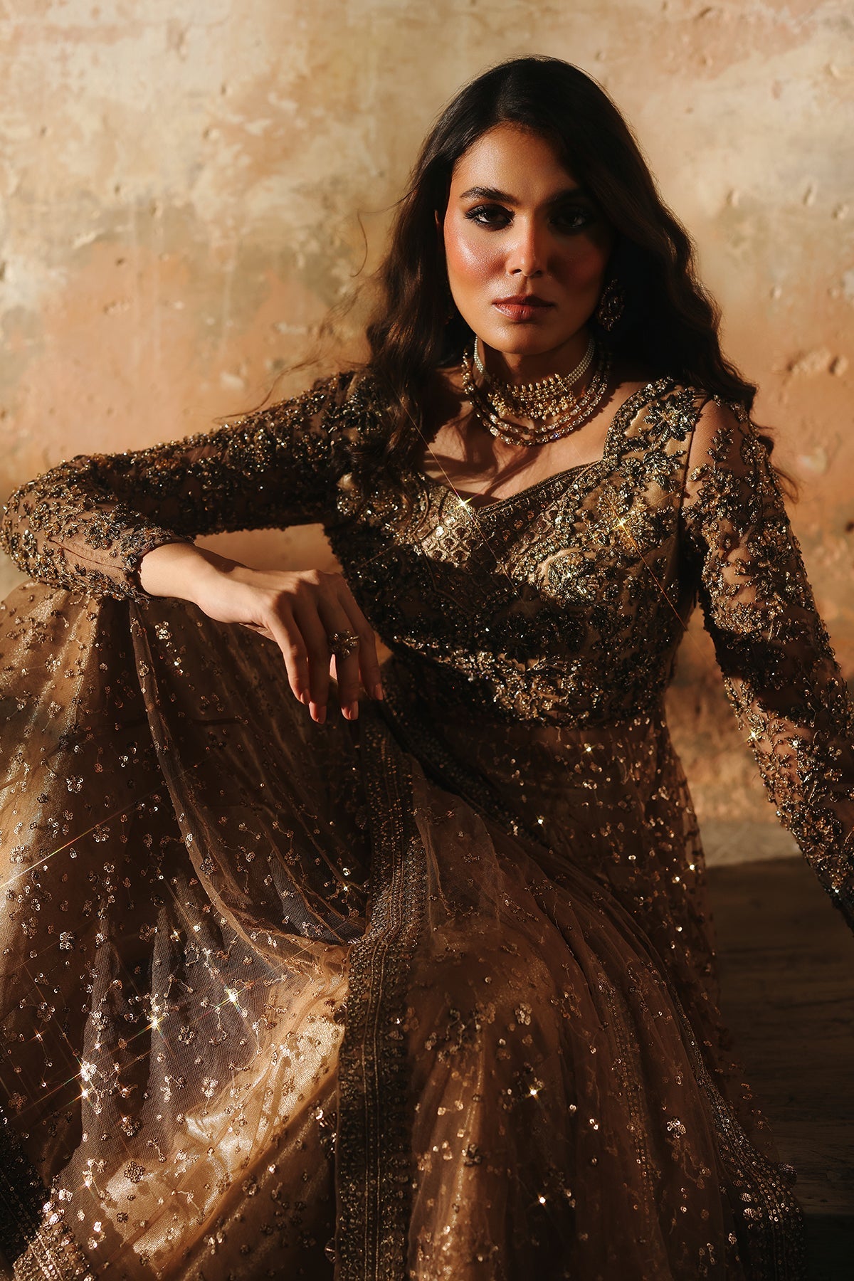 3-PC Embroidered Net STM-5-015 - Peach