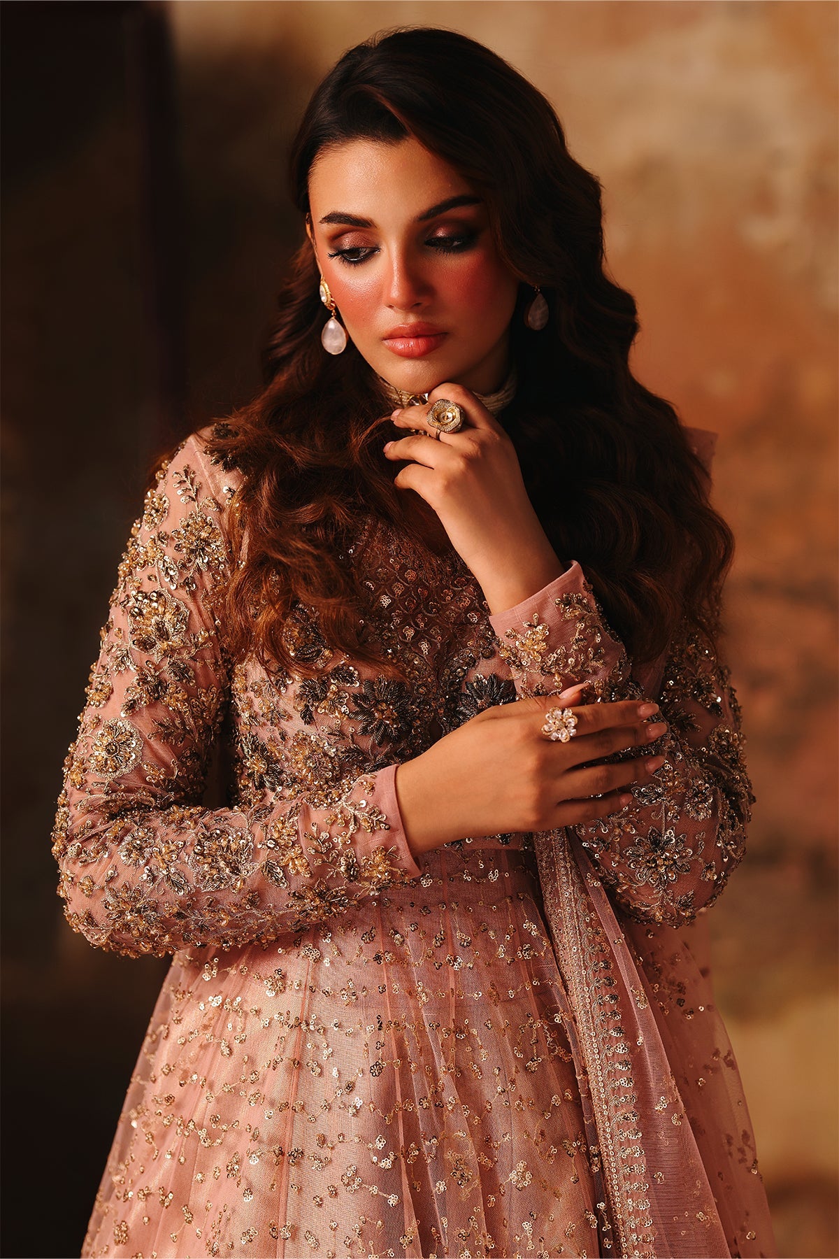 3-PC Embroidered Net STM-5-06- Rose Gold