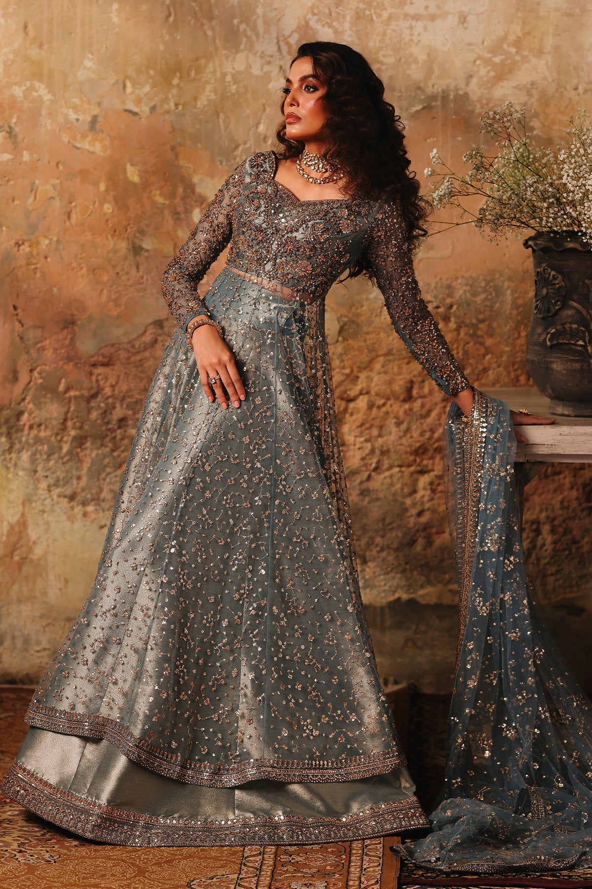 3-PC Embroidered Net STM-5-014 - BLUE